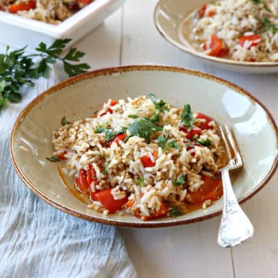 Einfacher Hack-Reis-Topf mit Paprika